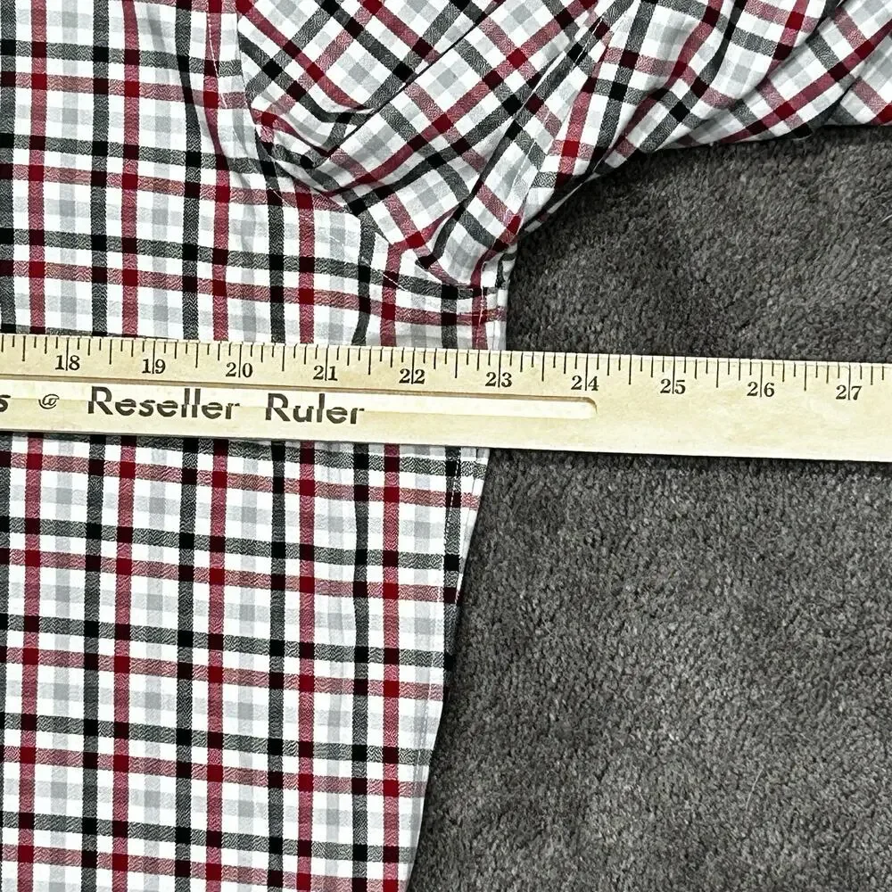 Banana Republic Men L Camden Fit Non-Iron Red Gray Black Herringbone Plaid Shirt